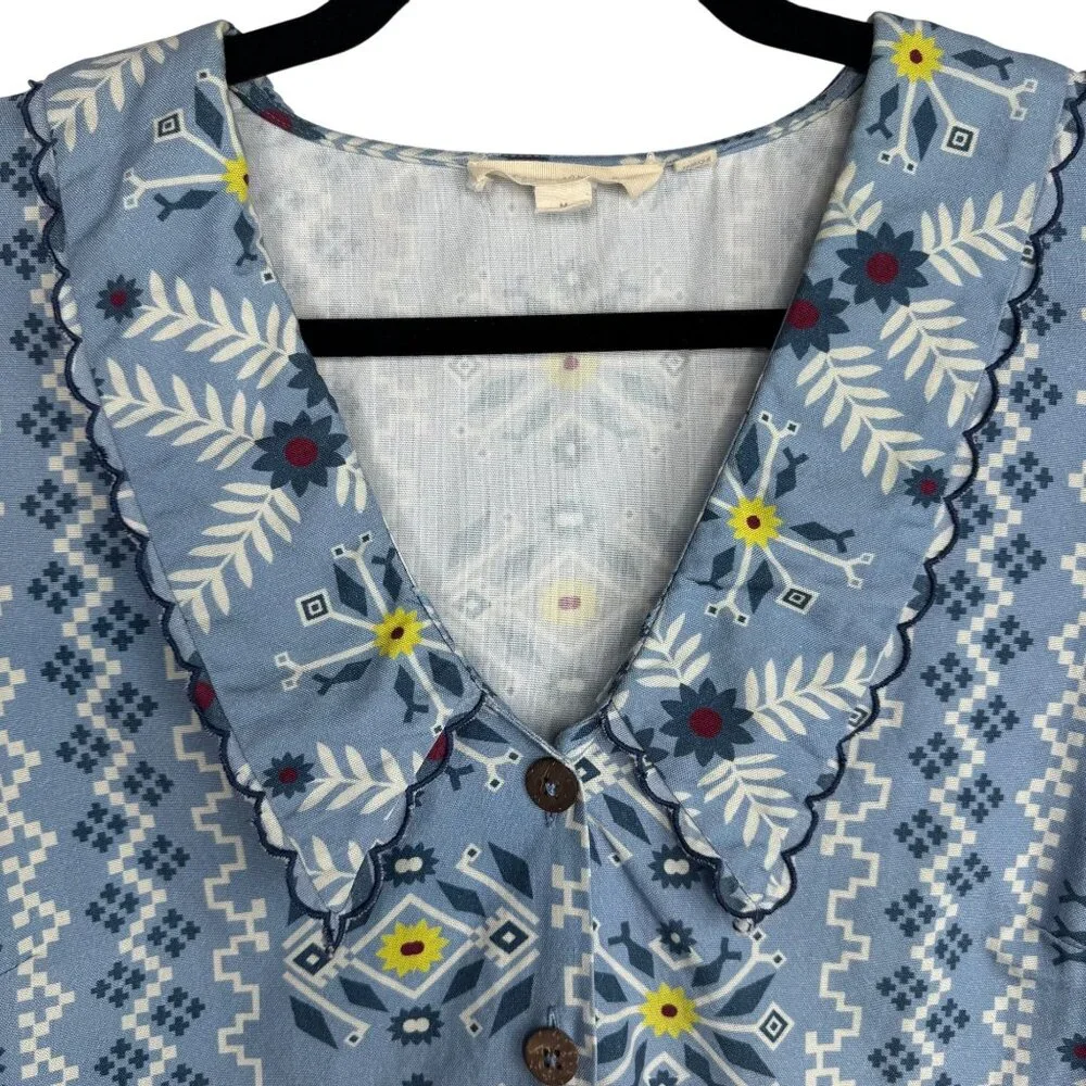 Anthropologie Sz M‎ Blue Floral Geometric Blouse Scallop Collar Twee Schoolgirl